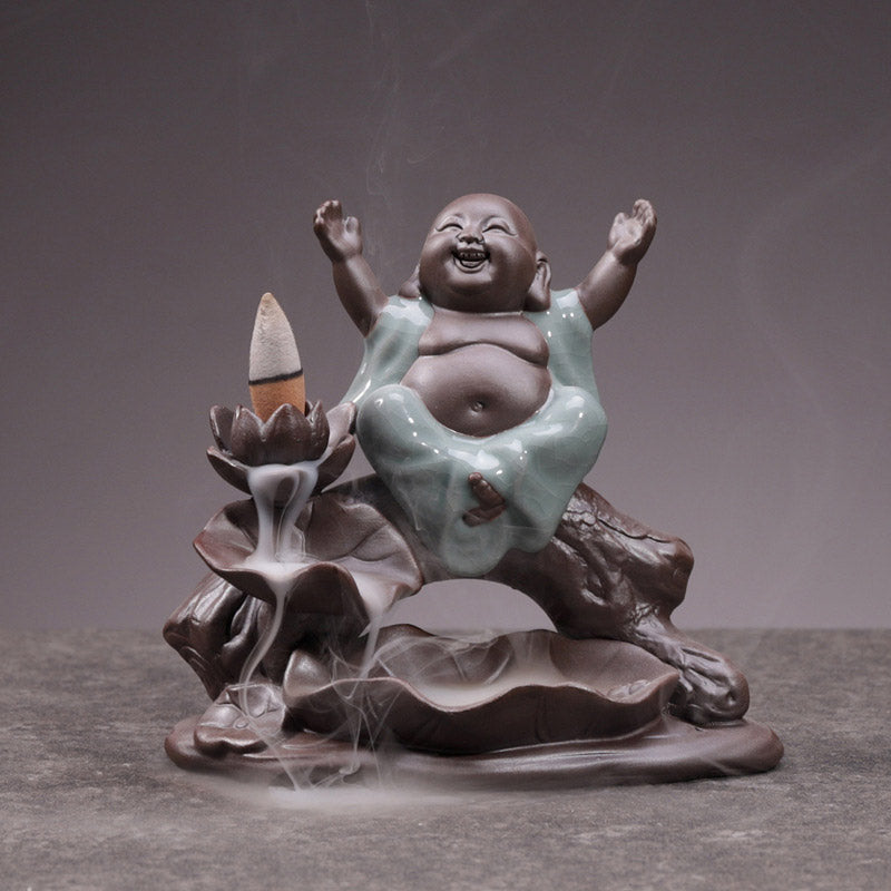 ATELIER-TIBET – Brûleur d’Encens en Céramique Lotus & Petit Moine à Reflux
