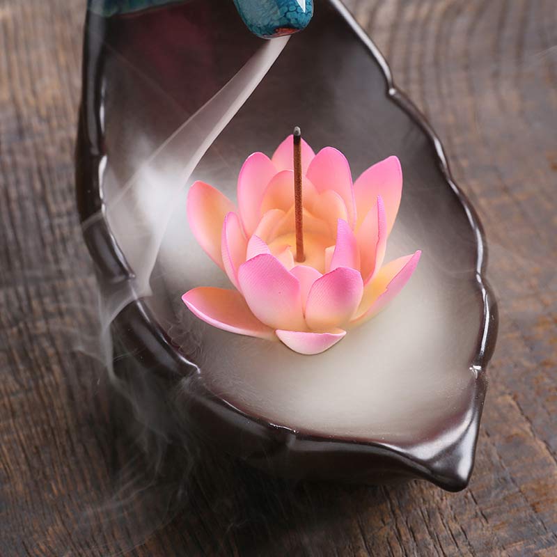 ATELIER-TIBET – Brûleur d’Encens en Céramique Lotus & Cerf à Reflux
