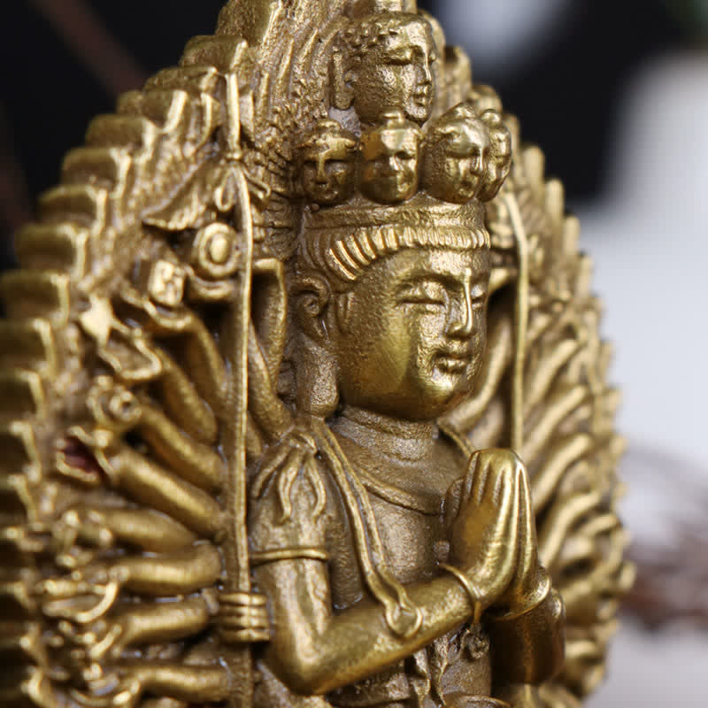 ATELIER-TIBET Figurine d'Avalokitesvara à mille mains de Chenrezig, statue de protection double face Kuan Yin Bodhisattva en cuivre massif, décoration