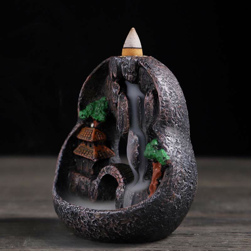ATELIER-TIBET Brûleur d'encens à reflux en résine de méditation à motif de ponts de montagne