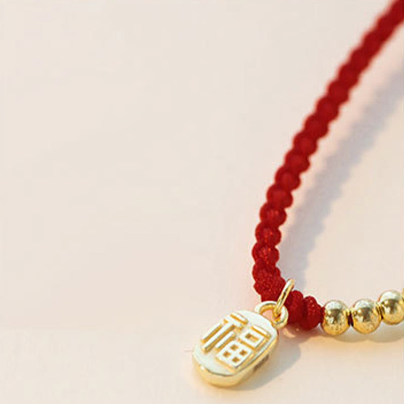 ATELIER-TIBET – Bracelet Fil Rouge avec Symbole Fu (福) en Cuivre