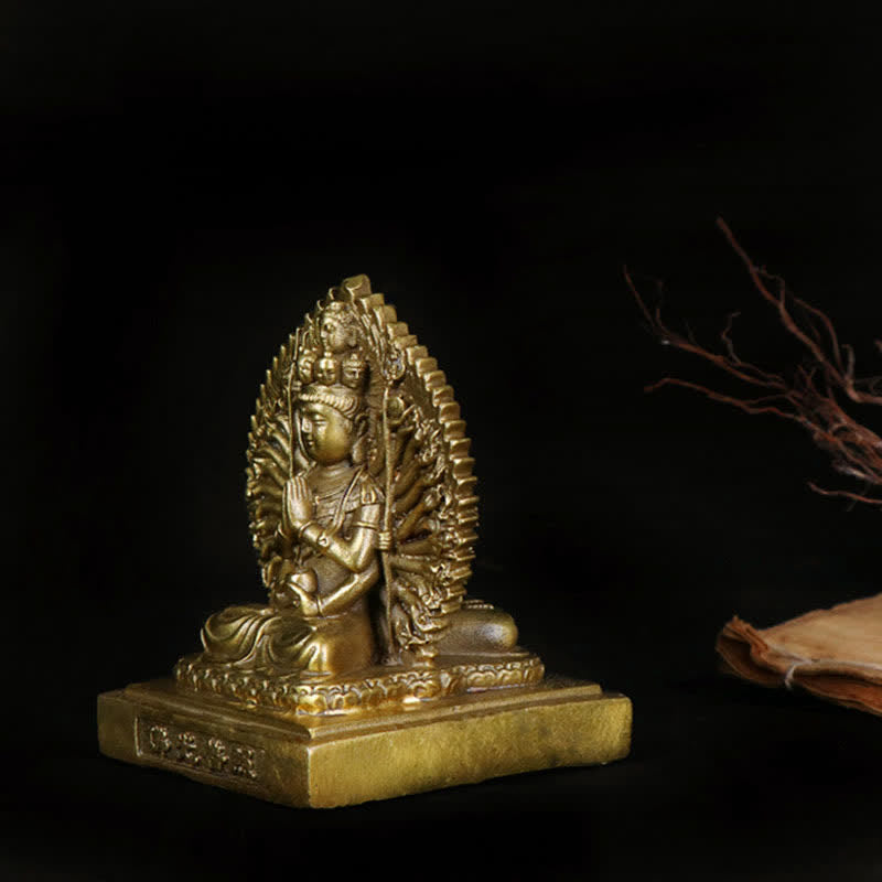 ATELIER-TIBET Figurine d'Avalokitesvara à mille mains de Chenrezig, statue de protection double face Kuan Yin Bodhisattva en cuivre massif, décoration