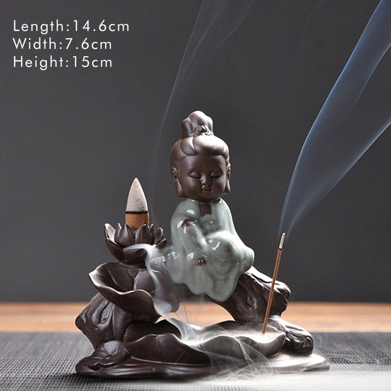 ATELIER-TIBET Brûleur d'encens en céramique avec bénédiction de lotus et petit moine en Buddha Stones