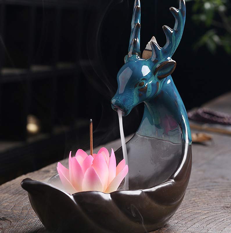 ATELIER-TIBET Brûleur d'encens de méditation en céramique Buddha Stones Little Deer Lotus