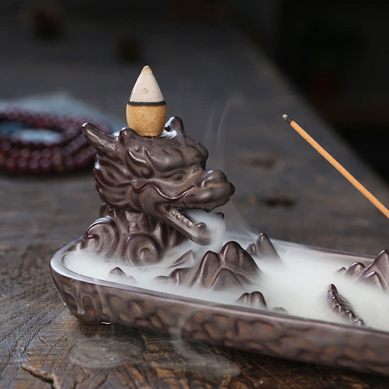 ATELIER-TIBET – Brûleur d’Encens Dragon en Céramique Montagne à Reflux