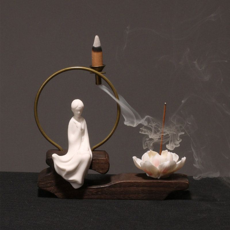 ATELIER-TIBET – Brûleur d’Encens de Méditation en Céramique Lotus à Reflux