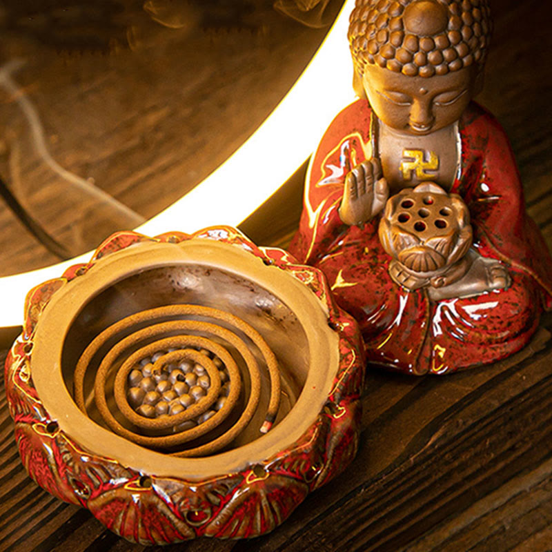 ATELIER-TIBET Brûleur d’Encens Reflux Bouddha Lotus en Céramique – Porte-Encens LED