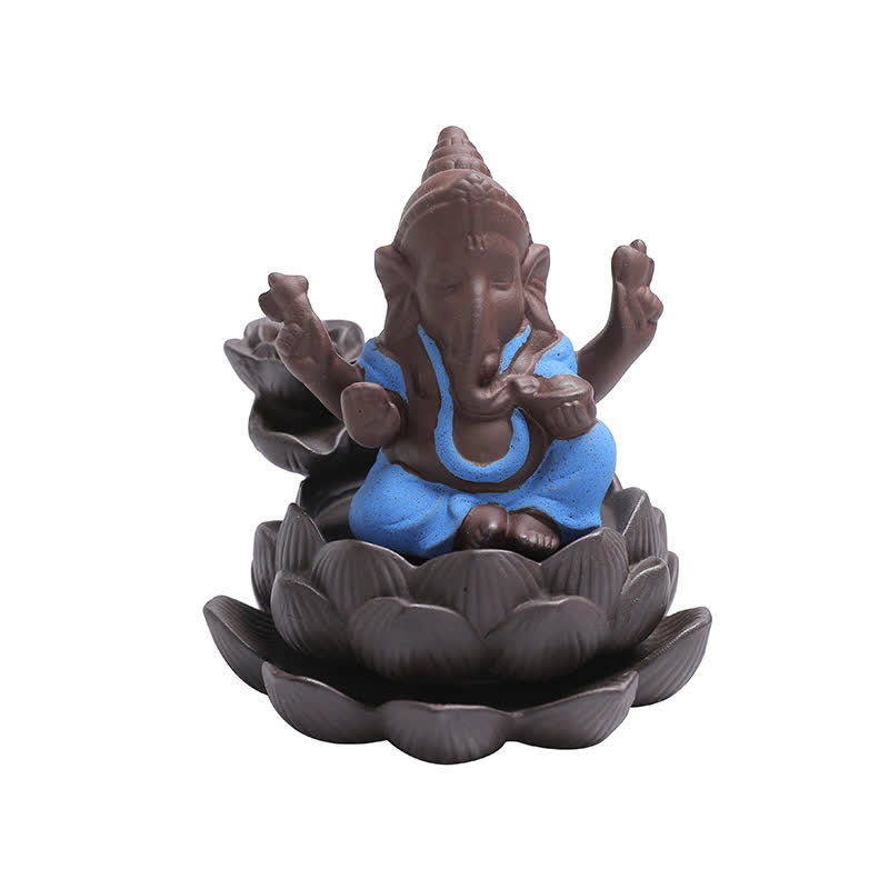 ATELIER-TIBET Brûleur d'encens à reflux en argile violette avec protection contre la fumée de l'éléphant Ganesh