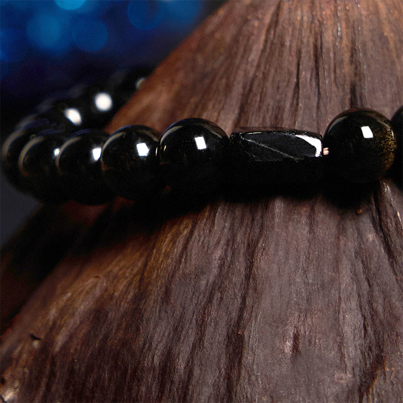 ATELIER-TIBET – Bracelet Obsidienne Dorée & Tourmaline Noire 8 mm, Ancrage et Symbolique de Prospérité
