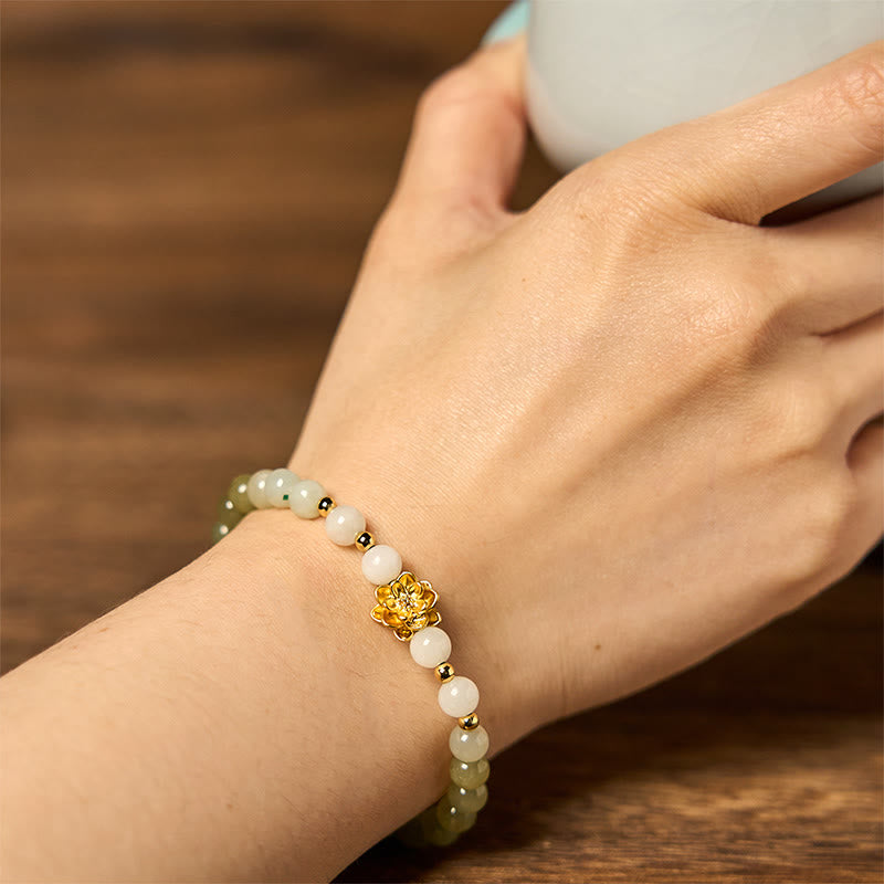 ATELIER-TIBET Bracelet Lotus Jade Hetian 8mm – Dégradé Blanc & Vert