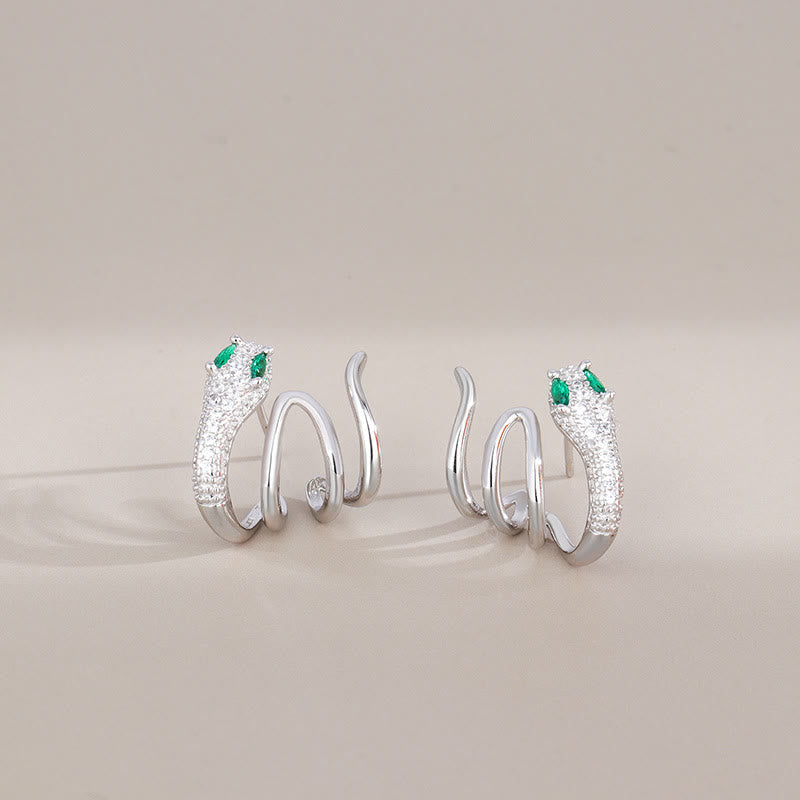 ATELIER-TIBET – Boucles d’Oreilles Serpent du Zodiaque Chinois aux Yeux Verts en Argent 925