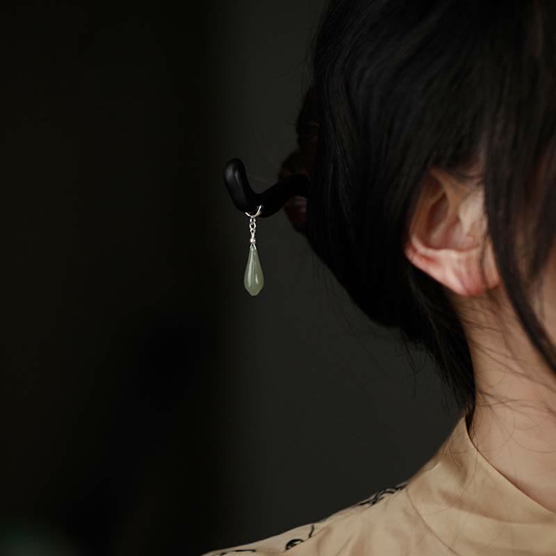 ATELIER-TIBET Pic à Cheveux Jade Hetian & Bois d’Ébène 18cm