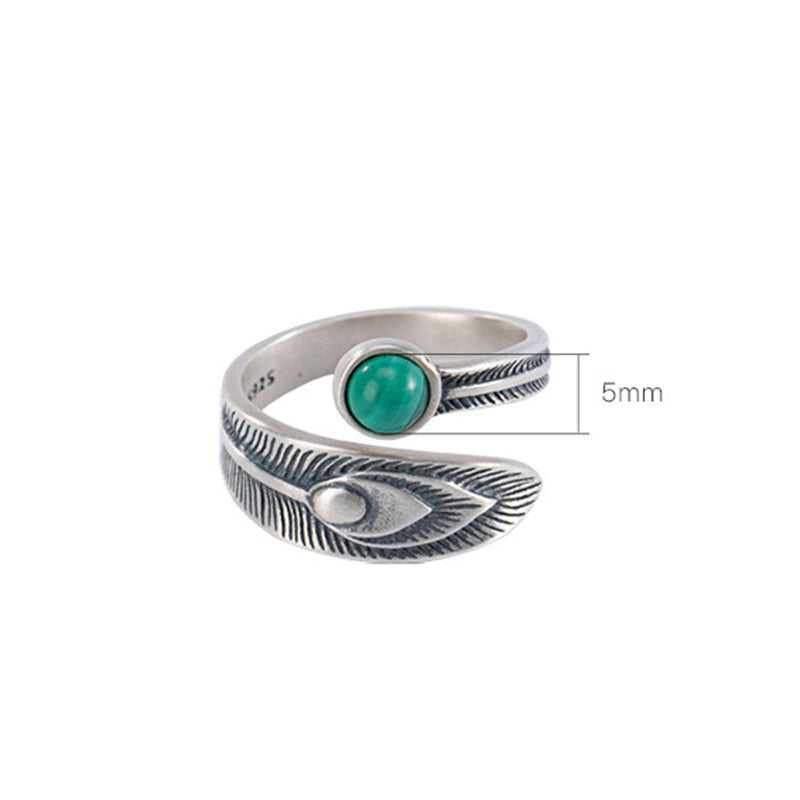 ATELIER-TIBET – Bague Plume de Protection en Malachite & Argent Sterling 925 – Anneau Symbolique Unisexe