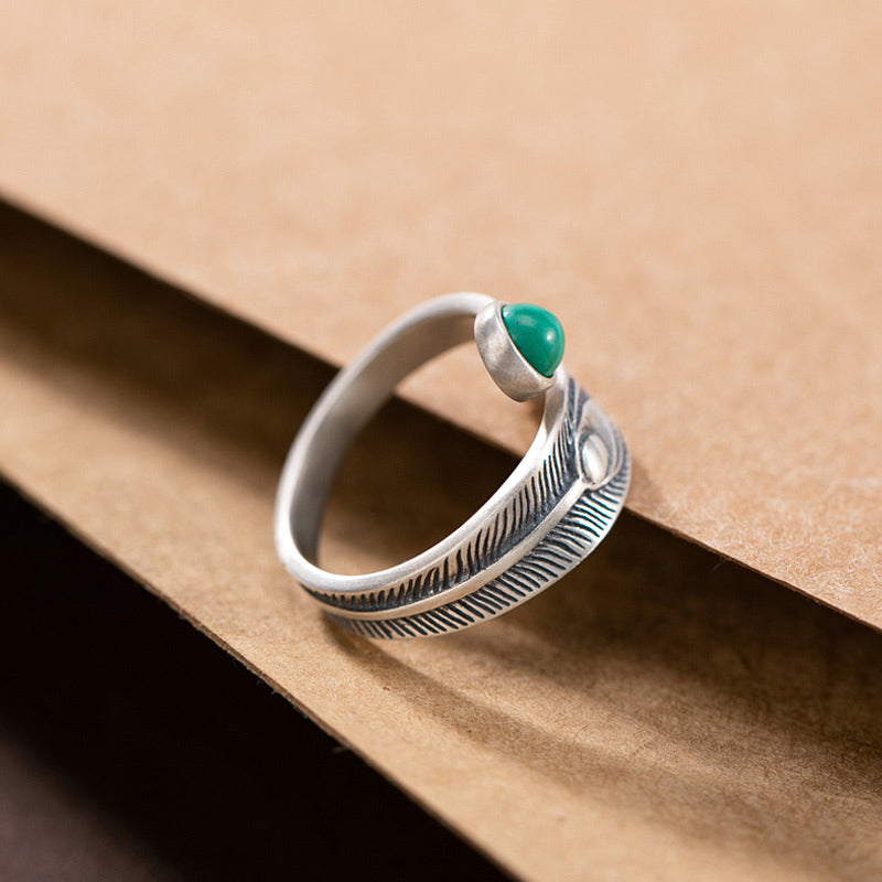 ATELIER-TIBET – Bague Plume de Protection en Malachite & Argent Sterling 925 – Anneau Symbolique Unisexe
