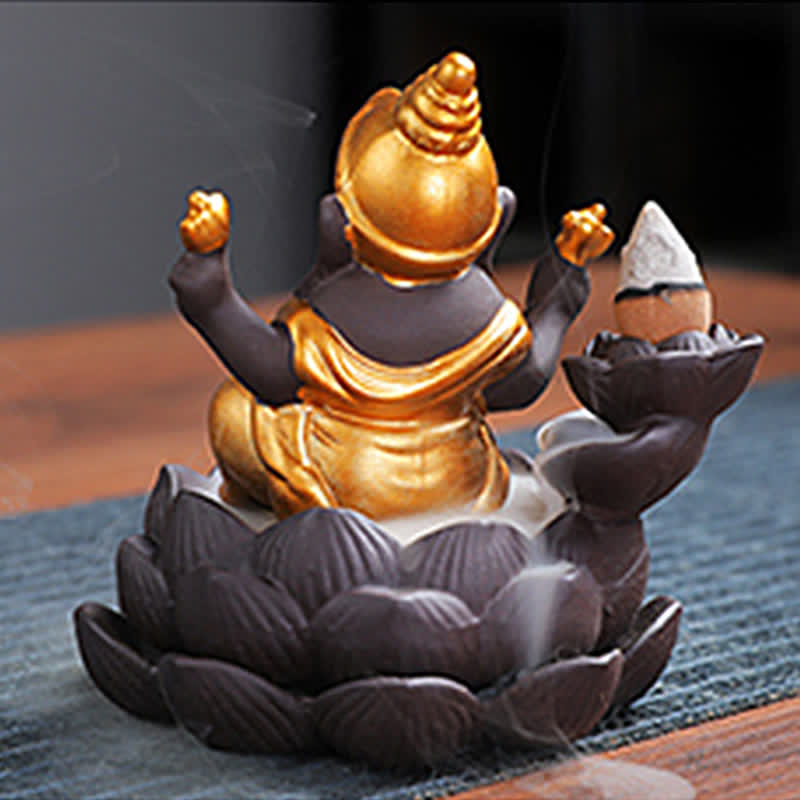 ATELIER-TIBET Brûleur d'encens à reflux en argile violette avec protection contre la fumée de l'éléphant Ganesh