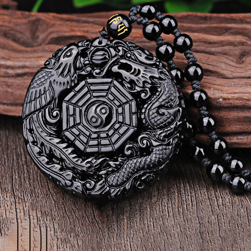 ATELIER-TIBET – Pendentif Bagua Dragon & Phénix en Obsidienne Noire Naturelle