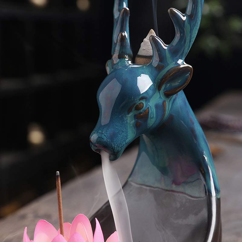ATELIER-TIBET – Brûleur d’Encens en Céramique Lotus & Cerf à Reflux
