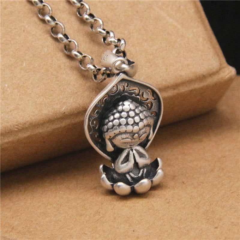 ATELIER-TIBET Collier Bouddha & Lotus en Argent 999 – 45 cm