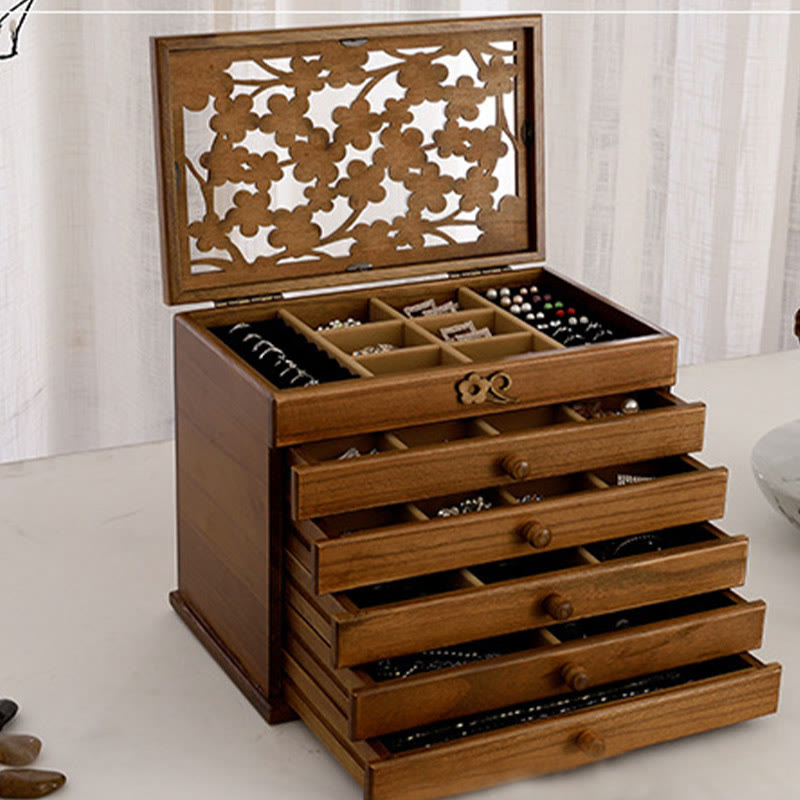 ATELIER-TIBET Boîte à bijoux en bois sculpté à six niveaux avec Buddha Stones et fleur de prunier vintage
