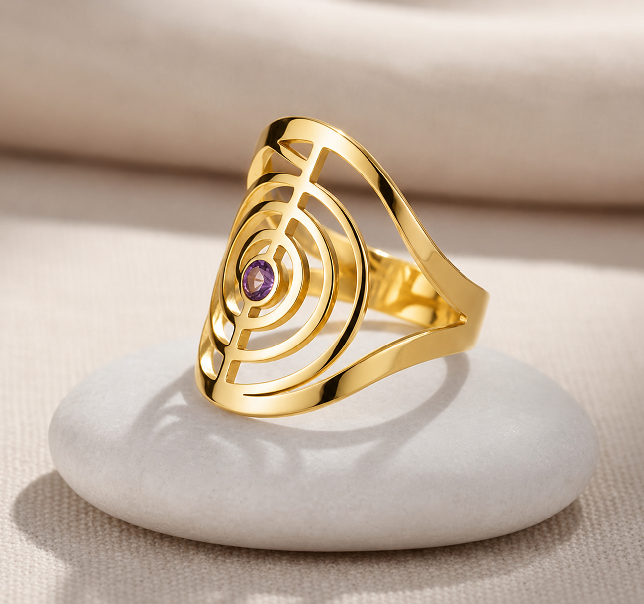 ATELIER-TIBET – Bague Cho Ku Rei Ajustable en Acier Inoxydable & Zircon Violet