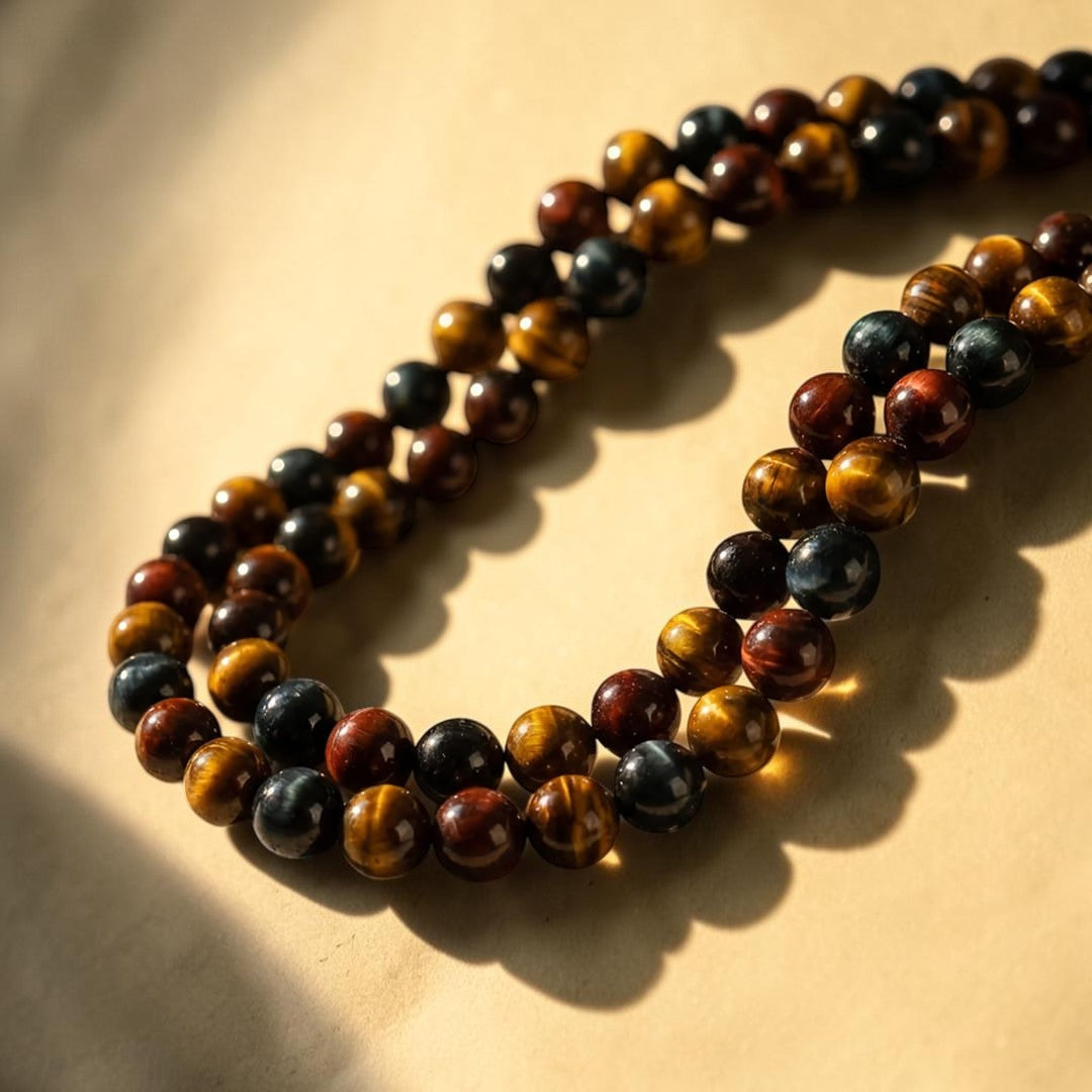 ATELIER-TIBET – Collier Oeil Multiple en Oeil de Tigre, Oeil de Faucon & Oeil de Taureau
