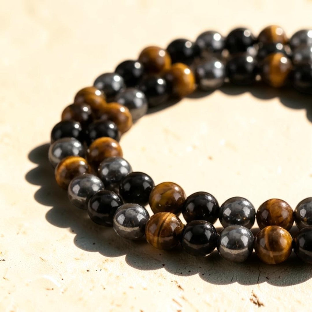 ATELIER-TIBET – Collier 3 Protections en Hématite, Obsidienne & Oeil de Tigre
