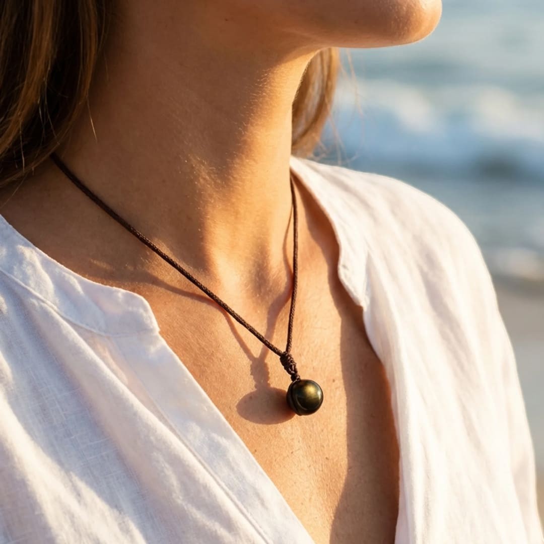 ATELIER-TIBET – Pendentif Sphère en Obsidienne Dorée