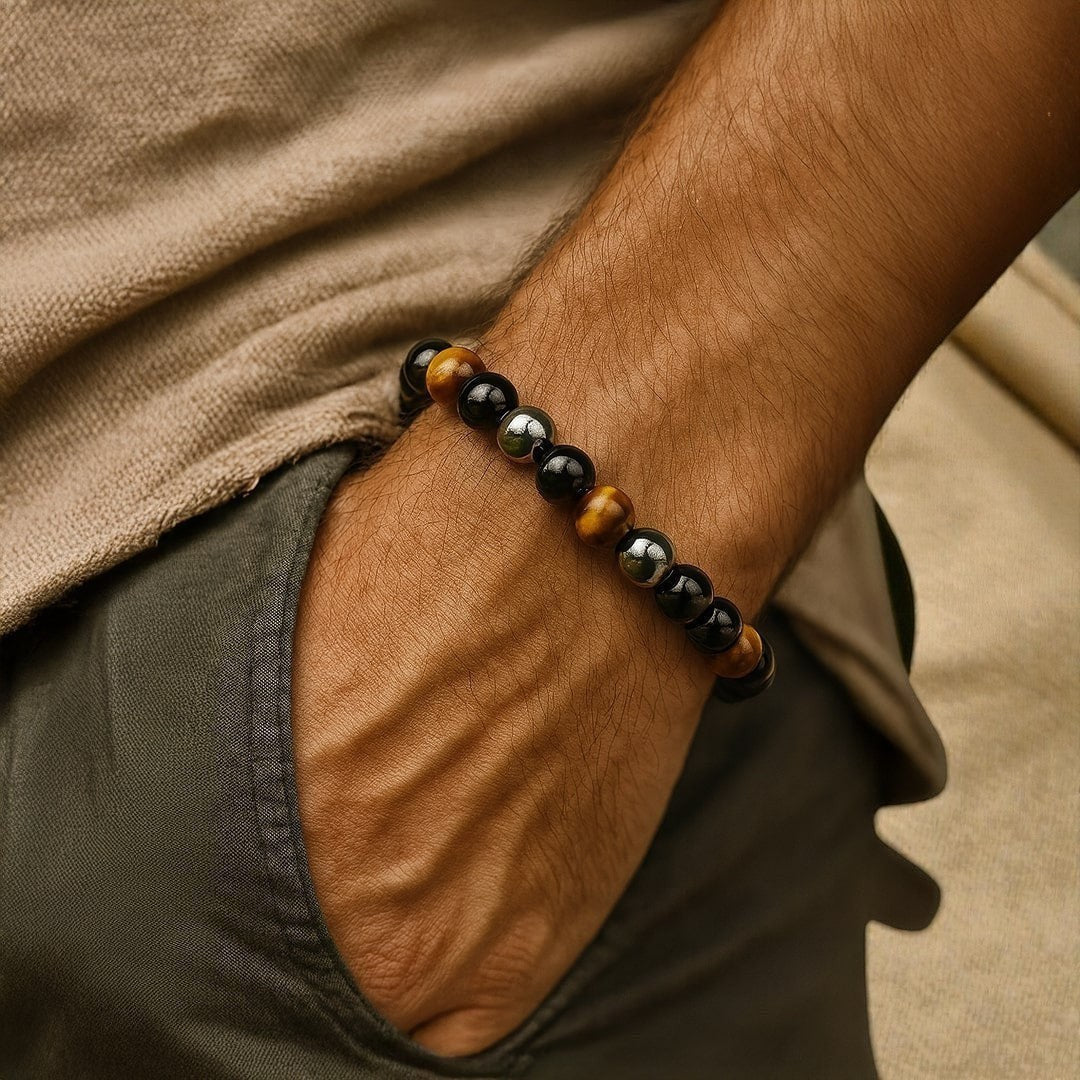 ATELIER-TIBET – Bracelet 3 Protections en Oeil de Tigre, Hématite & Obsidienne Noire