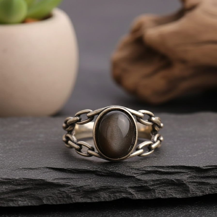 ATELIER-TIBET – Bague “Confiance Sacrée” en Obsidienne Dorée – Ancrage & Force Intérieure