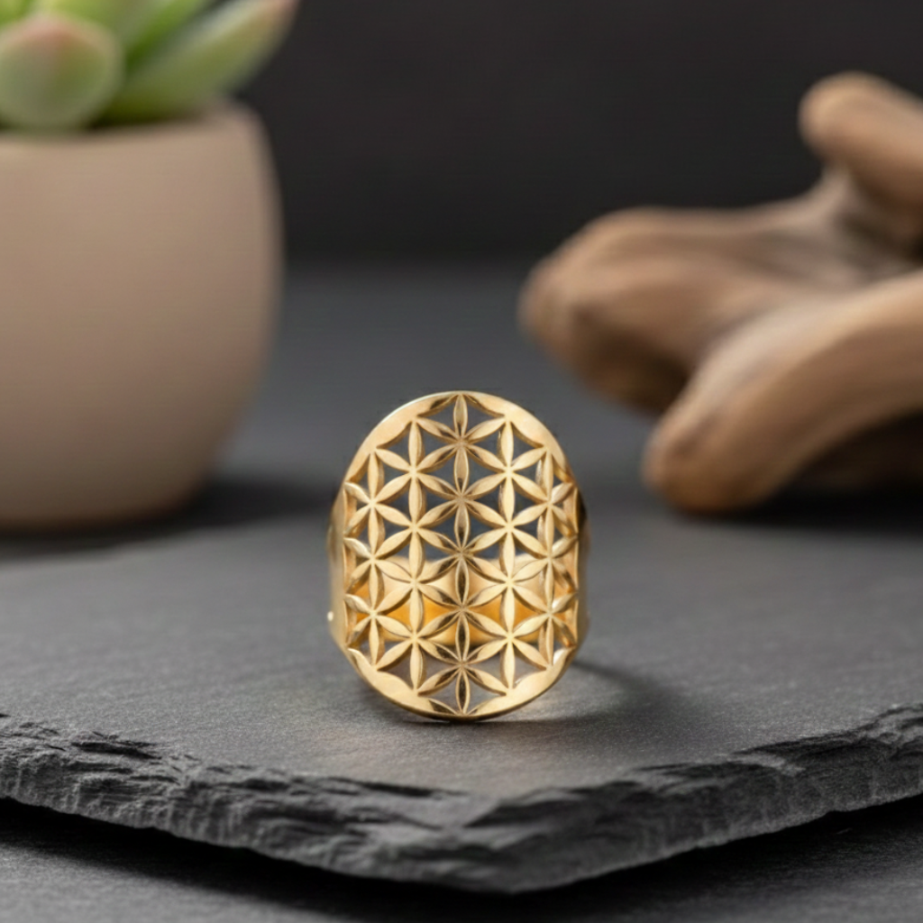 ATELIER-TIBET – Bague “Fleur de Vie” Ajustable – Harmonie Symbolique & Élégance Sacrée
