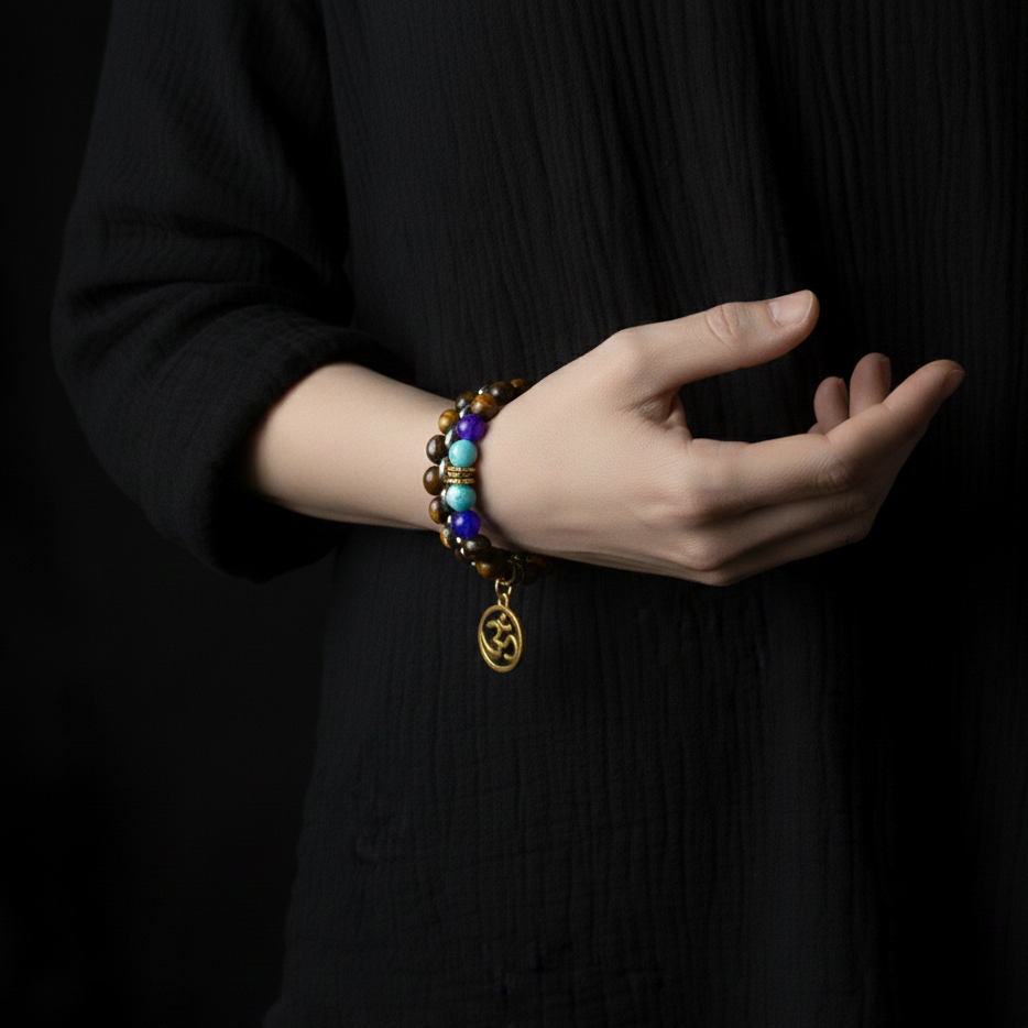 ATELIER-TIBET Bracelet Chakra Homme Œil de Tigre avec Symbole Bouddhiste Aum Doré