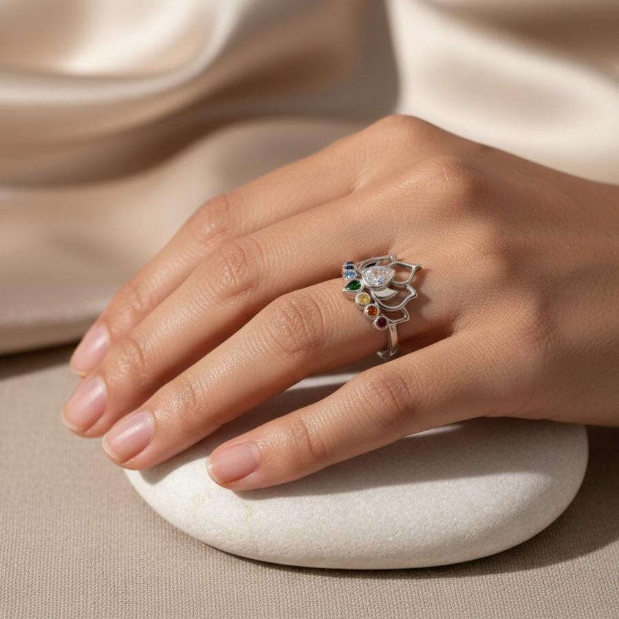 ATELIER-TIBET – Bague Lotus Cristallin Ajustable – Finition Argent