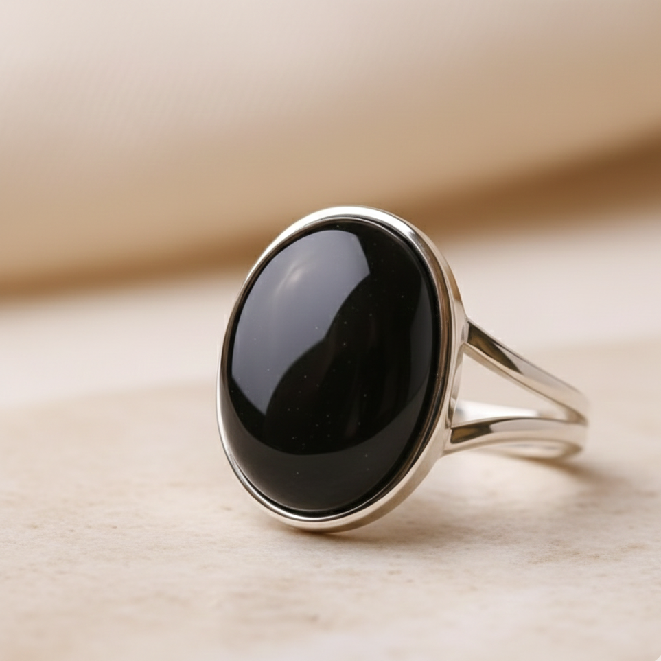 ATELIER-TIBET – Bague Obsidienne Dorée “Armure Intérieure” – Pierre naturelle – Bague ajustable