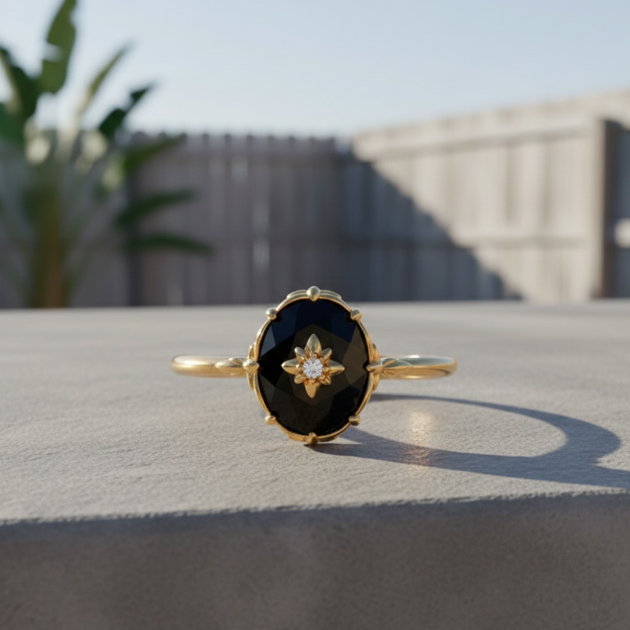 ATELIER-TIBET – Bague Agate Noire “Charme Nocturne” – Plaqué or – Bague ajustable