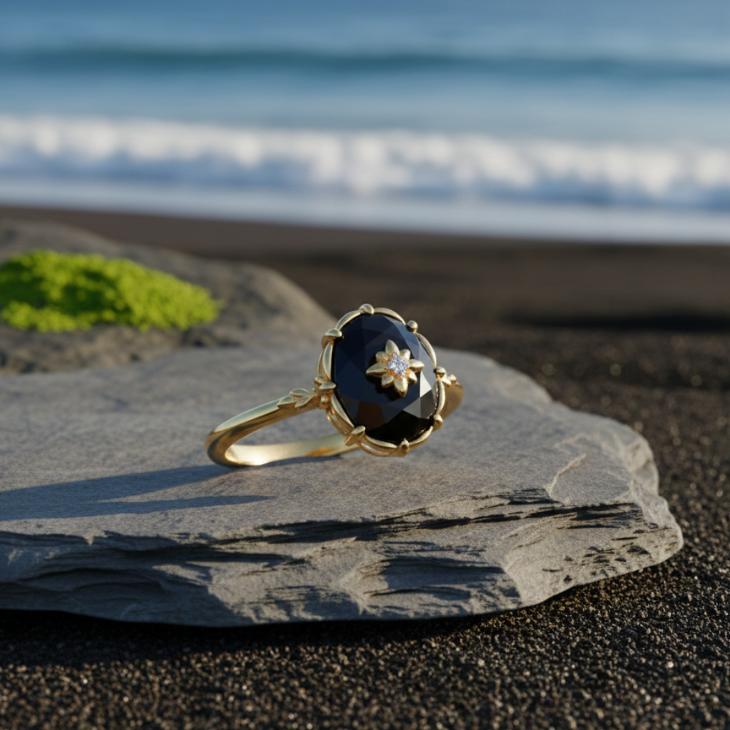 ATELIER-TIBET – Bague Agate Noire “Charme Nocturne” – Plaqué or – Bague ajustable