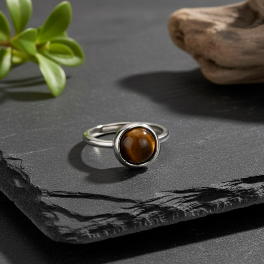 ATELIER-TIBET – Bague “Shakti” en Œil de Tigre – Force Symbolique & Élégance Intemporelle