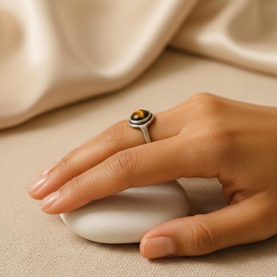 ATELIER-TIBET – Bague Aura de Tigre en Œil de Tigre Naturel & Métal Finition Argent