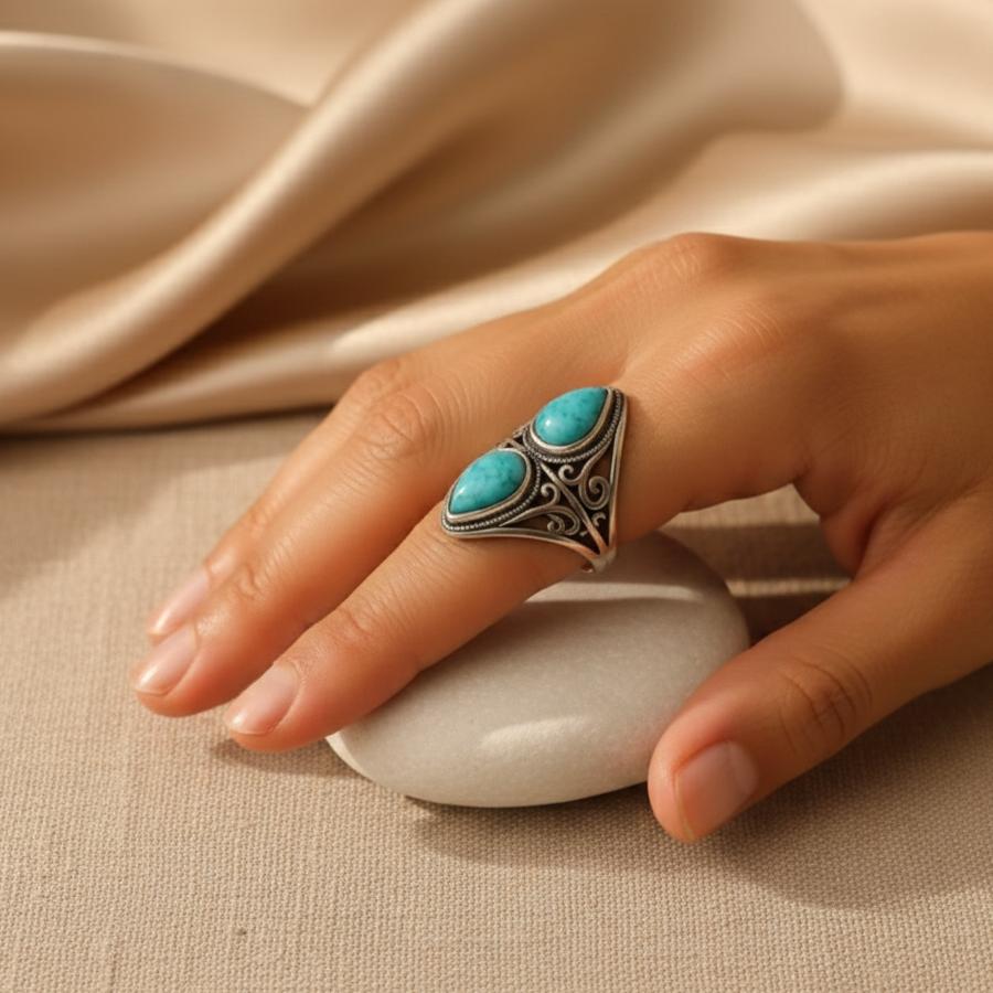 ATELIER-TIBET – Bague Écho Protecteur en Turquoise Naturelle & Métal Finition Argent