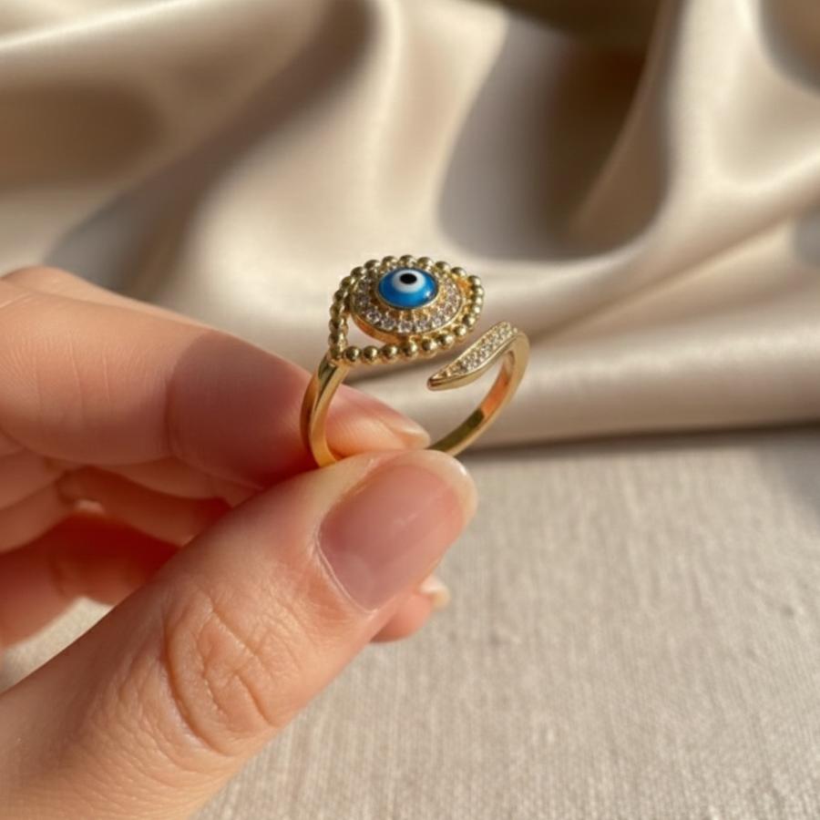 ATELIER-TIBET – Bague Œil Bleu Porte-Bonheur Ajustable en Métal Finition Argent