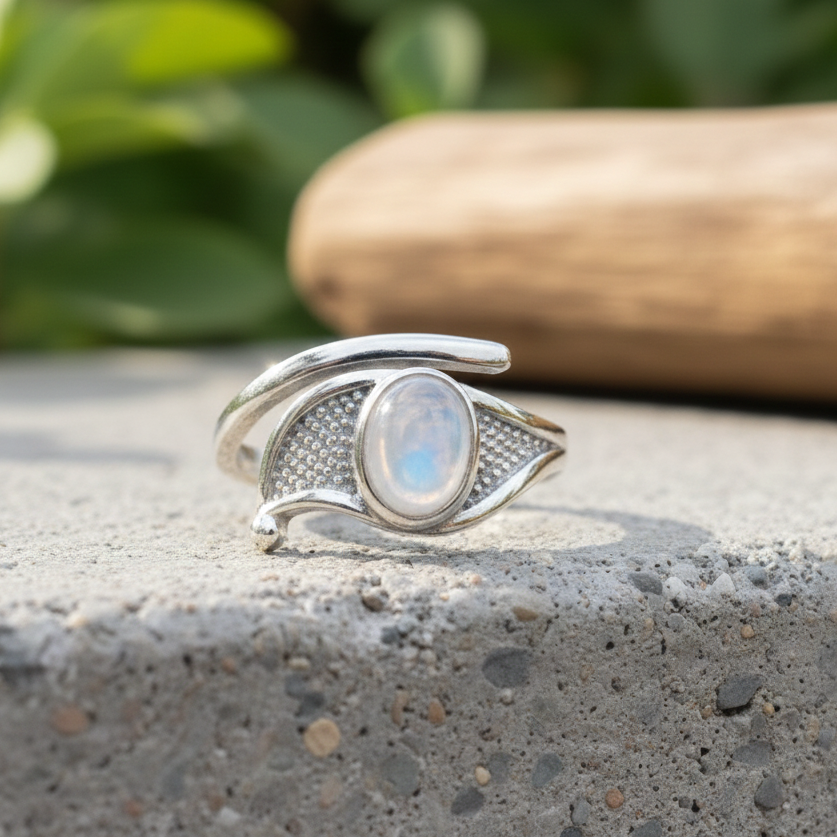 ATELIER-TIBET – Bague en Labradorite Blanche (Péristérite) – Élégance Minérale & Éclat Naturel