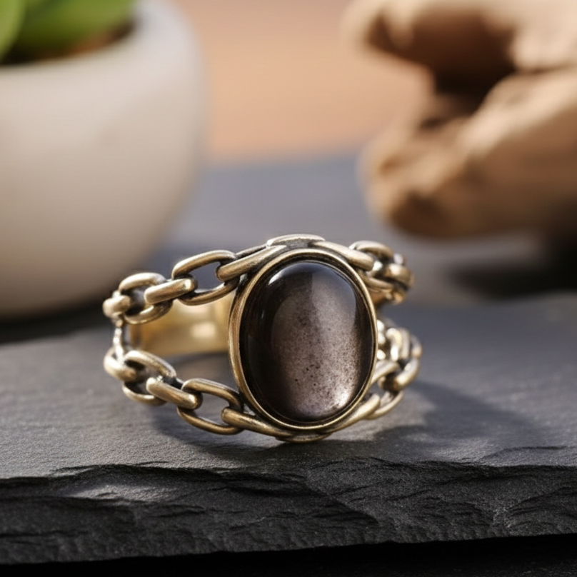 ATELIER-TIBET – Bague “Confiance Sacrée” en Obsidienne Dorée – Ancrage & Force Intérieure