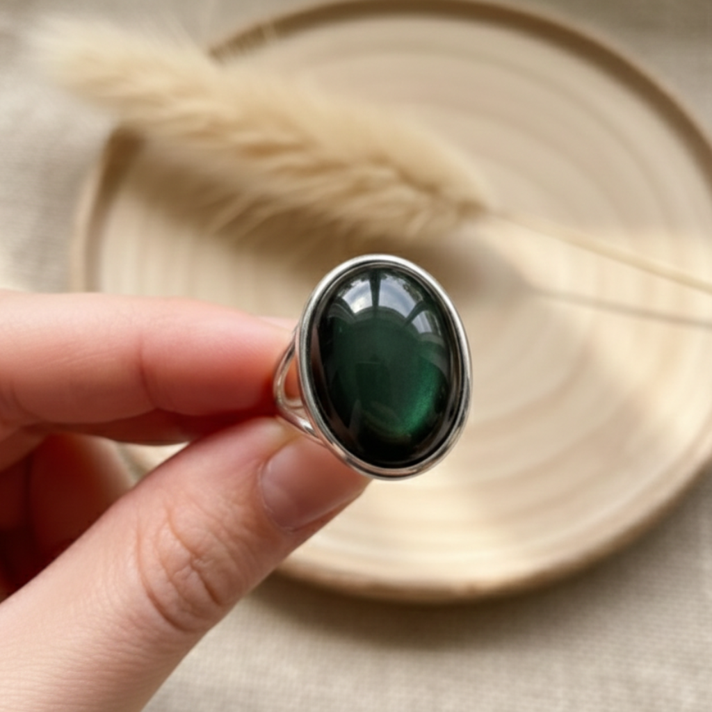 ATELIER-TIBET – Bague Obsidienne Œil Céleste “Guide Intérieur” – Argent – Bague ajustable