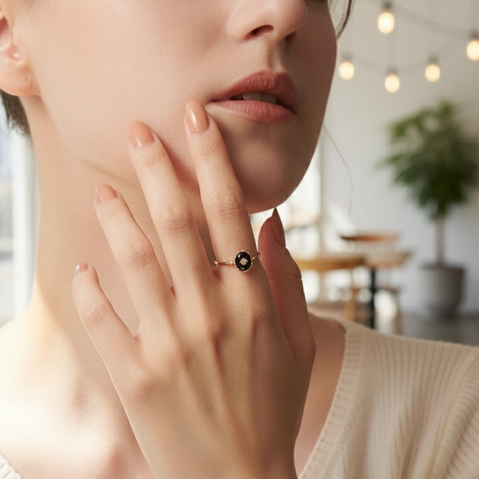 ATELIER-TIBET – Bague Agate Noire “Charme Nocturne” – Plaqué or – Bague ajustable