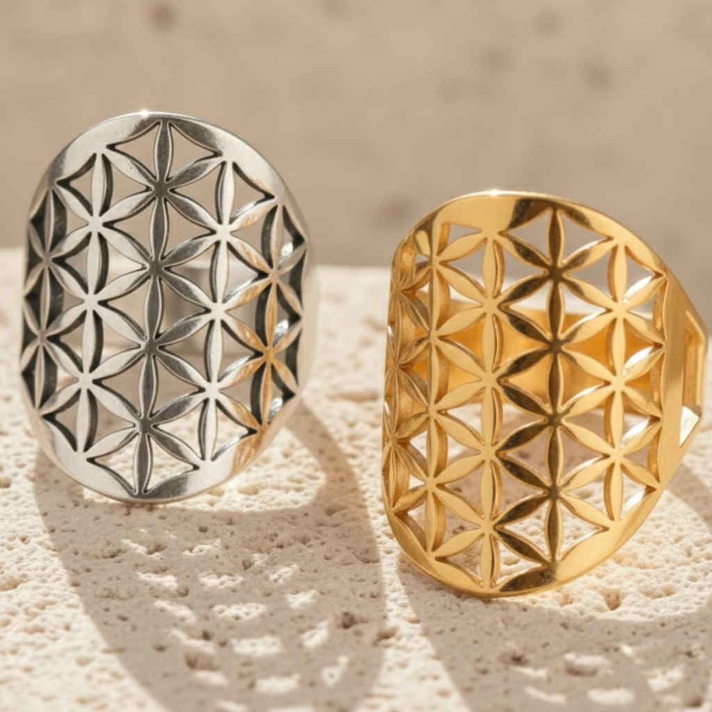 ATELIER-TIBET – Bague “Fleur de Vie” Ajustable – Harmonie Symbolique & Élégance Sacrée