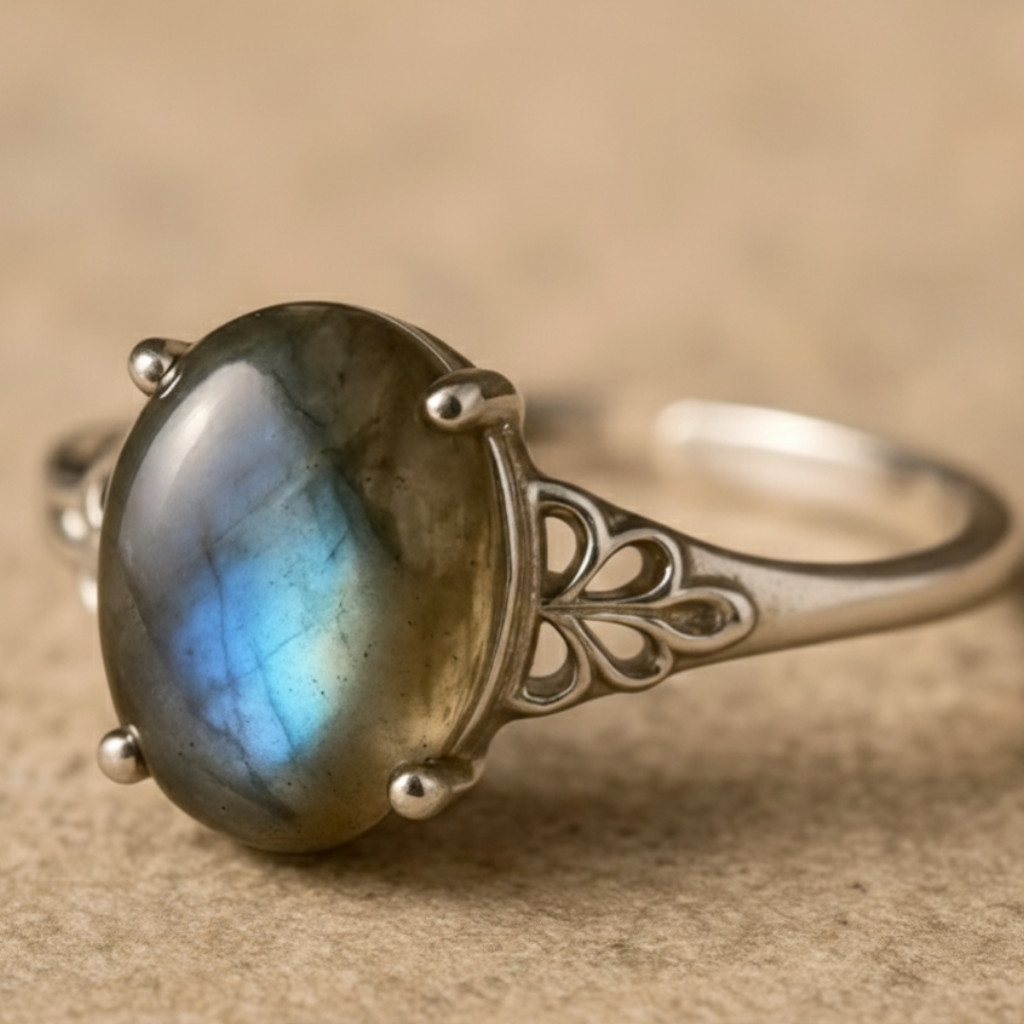 ATELIER-TIBET – Bague Labradorite “Amara” – Pierre naturelle & argent – Bague ajustable