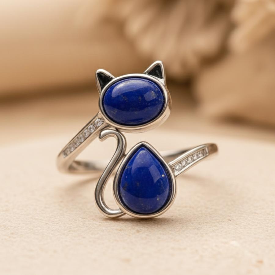 ATELIER-TIBET – Bague Chat Totem en Lapis Lazuli & Argent 925 Ajustable