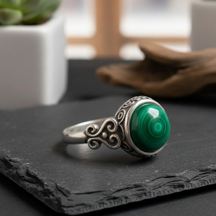 ATELIER-TIBET – Bague “Protection du Cœur” en Malachite & Argent – Harmonie Émotionnelle & Élégance Intemporelle