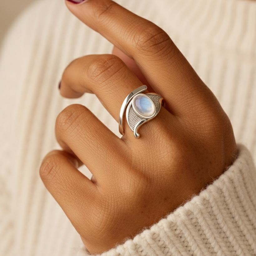 ATELIER-TIBET – Bague en Labradorite Blanche (Péristérite) – Élégance Minérale & Éclat Naturel