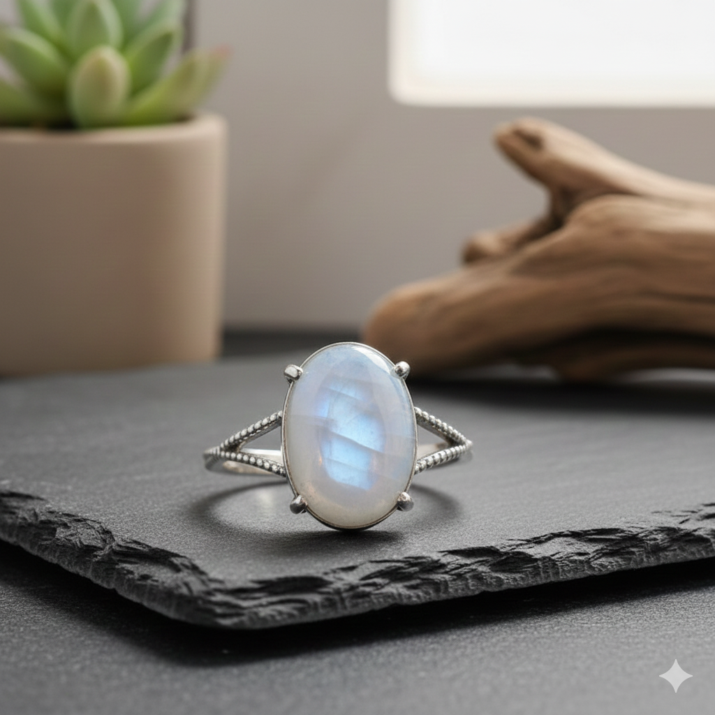 ATELIER-TIBET – Bague “Clarté de l’Âme” en Pierre de Lune – Intuition & Sérénité Intérieure