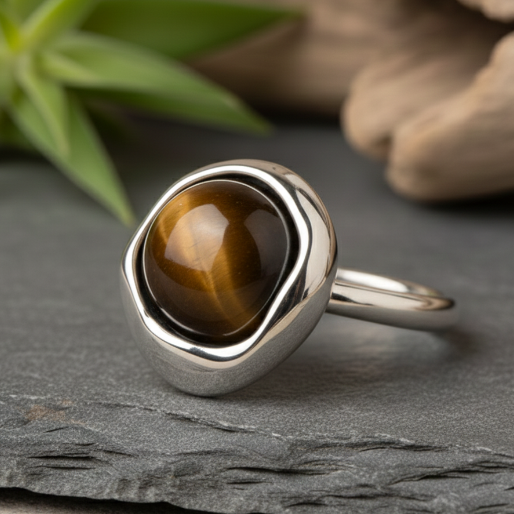 ATELIER-TIBET – Bague “Shakti” en Œil de Tigre – Force Symbolique & Élégance Intemporelle